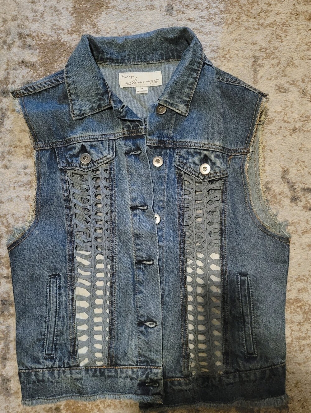 Vintage Havana Denim Vest M | Laser Cut Boho Festival Jean Jacket